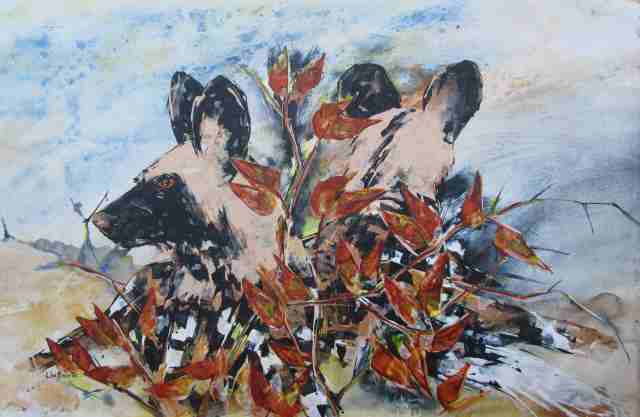 Dogs in Mopani 2, acrylic on loose canvas, 70 x 105 cm 