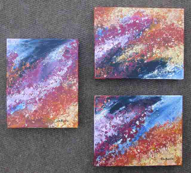 Msasa abstract 1,2 and 3, acrylic on deep stretched canvas, each pain ting is 23 x 30 cm