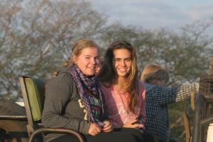 Savanna and Nicola on safari on sunset rock