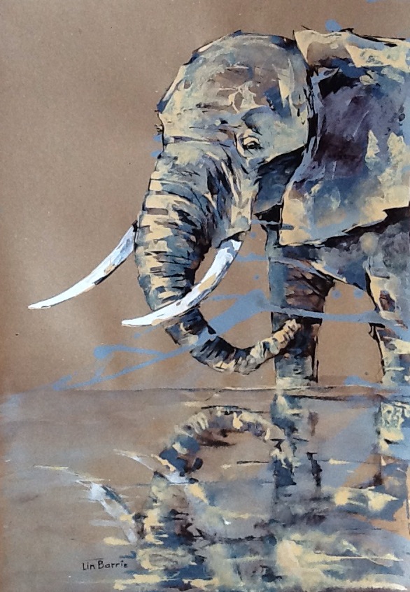 elephant reflections- a painting by Lin Barrie