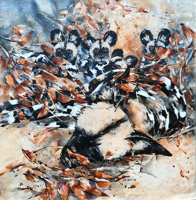 Dozy dog and pups in mopani, acrylic on canvas, 90 X 90 cm  lo res.jpg