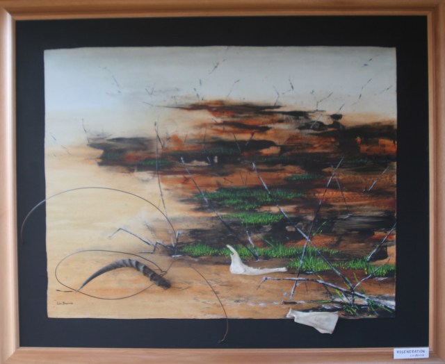 "Regeneration", installation/collage by Lin Barrie, horn, wire, bone and oil on canvas